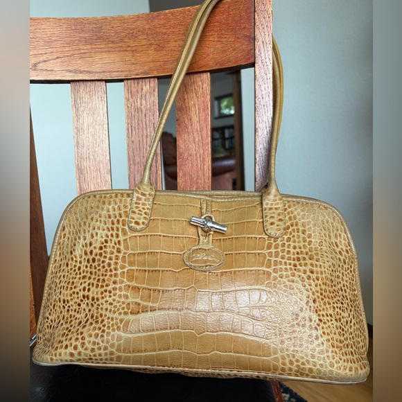 Longchamp Medium Tan Croco Roseau Shouder Bag Zip Top/Sides - Picture 11 of 16